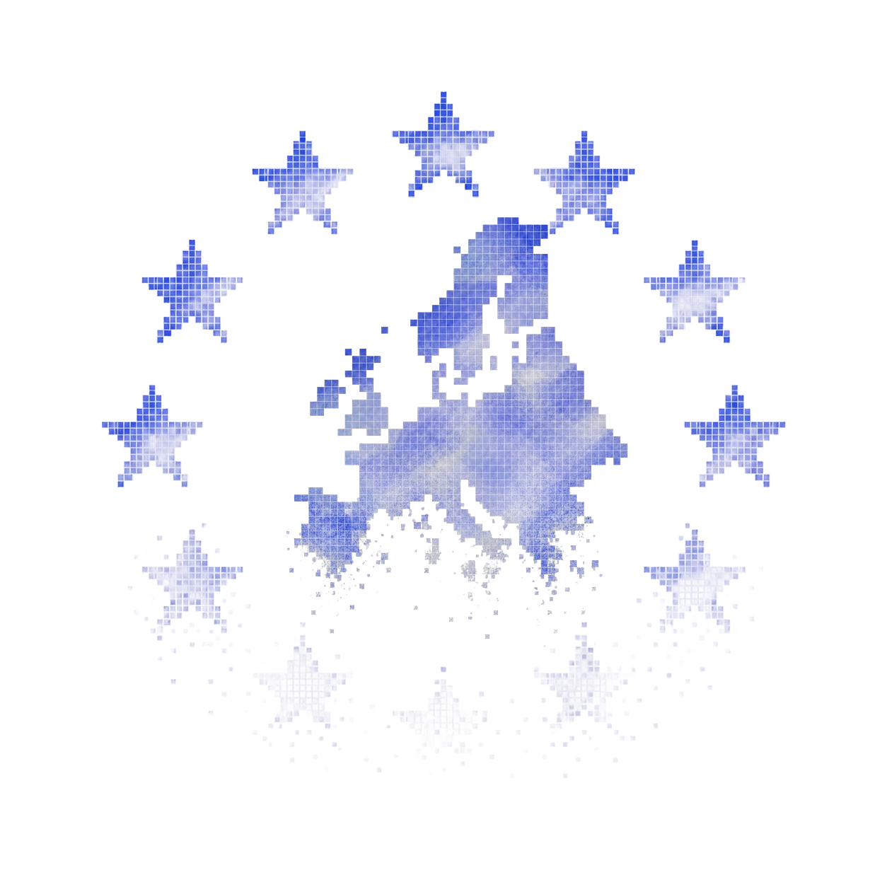 Les douze étoiles de l'UE se dissolvant en poussière de pixels, encadrant une mosaïque d'une carte de l'Europe qui s'effrite.